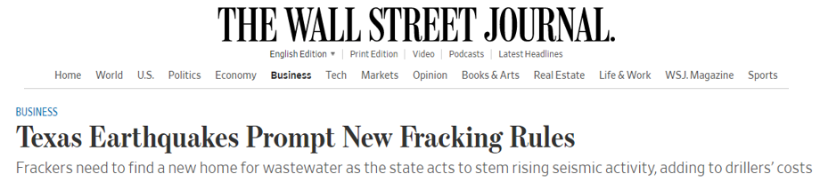 Wall Street Journal Features Sourcenergy on Permian Induced Seismicity